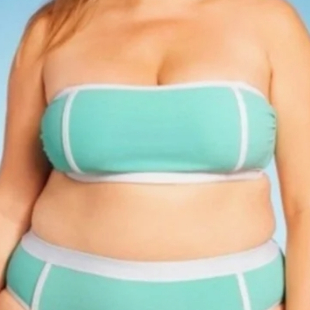 Kona Sol Turquoise Blue Terry Cloth Solid Bandeau w/Binding Bikini Top SZ 1X #